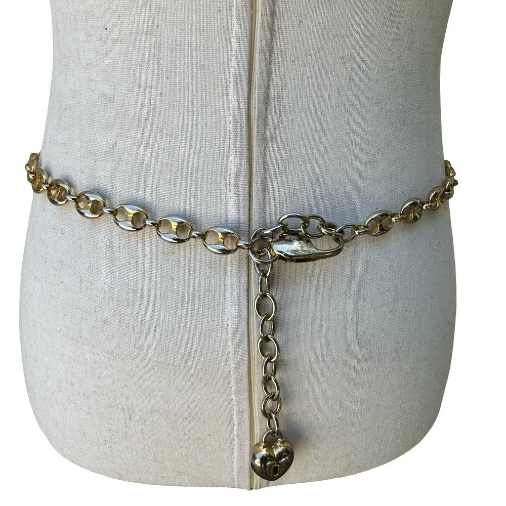 Vintage Y2K Glam Gold Tone Heart Charm Locket Dangle Link Chain Belt Adjustable